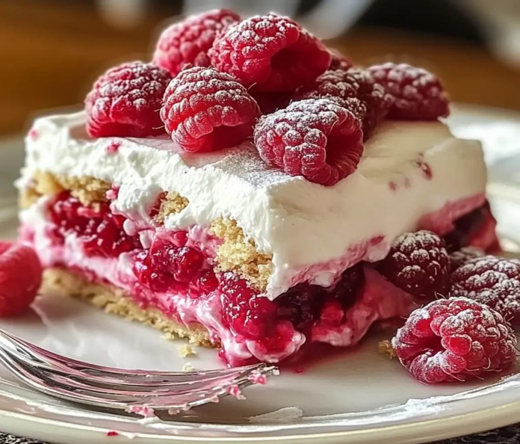 A creamy No-Bake Raspberry Split Cake with a golden graham cracker crust, smooth cheesecake filling, and a vibrant raspberry topping, garnished with fresh raspberries and mint leaves.