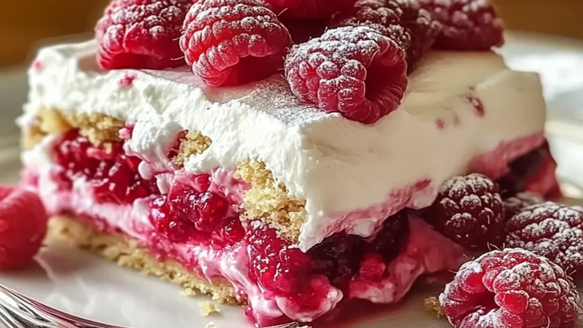 A creamy No-Bake Raspberry Split Cake with a golden graham cracker crust, smooth cheesecake filling, and a vibrant raspberry topping, garnished with fresh raspberries and mint leaves.