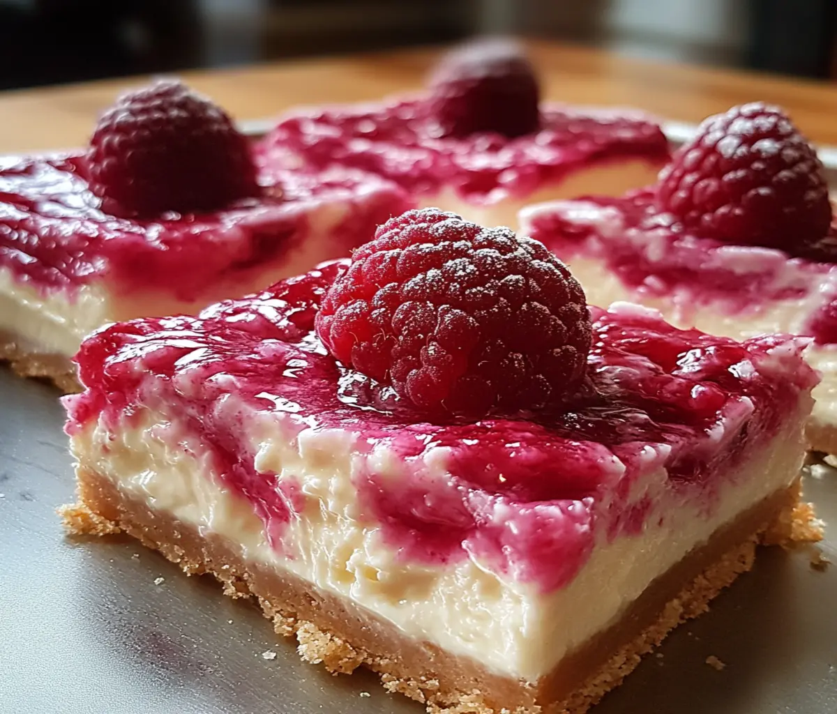 A luscious No-Bake Raspberry Split Cake with a crisp biscuit crust, silky cheesecake layer, and a rich raspberry topping, elegantly decorated with fresh raspberries and mint.