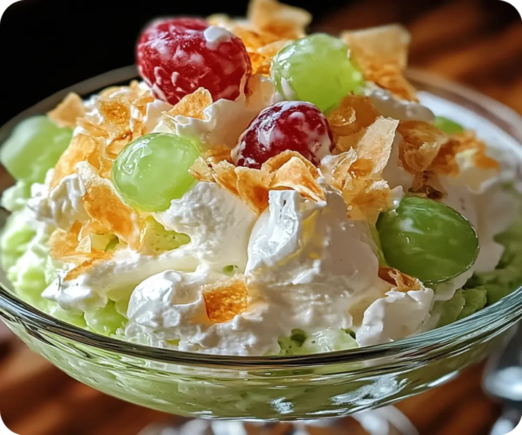 A bowl of Watergate Salad with a creamy green texture, topped with chopped pecans and garnished with maraschino cherries