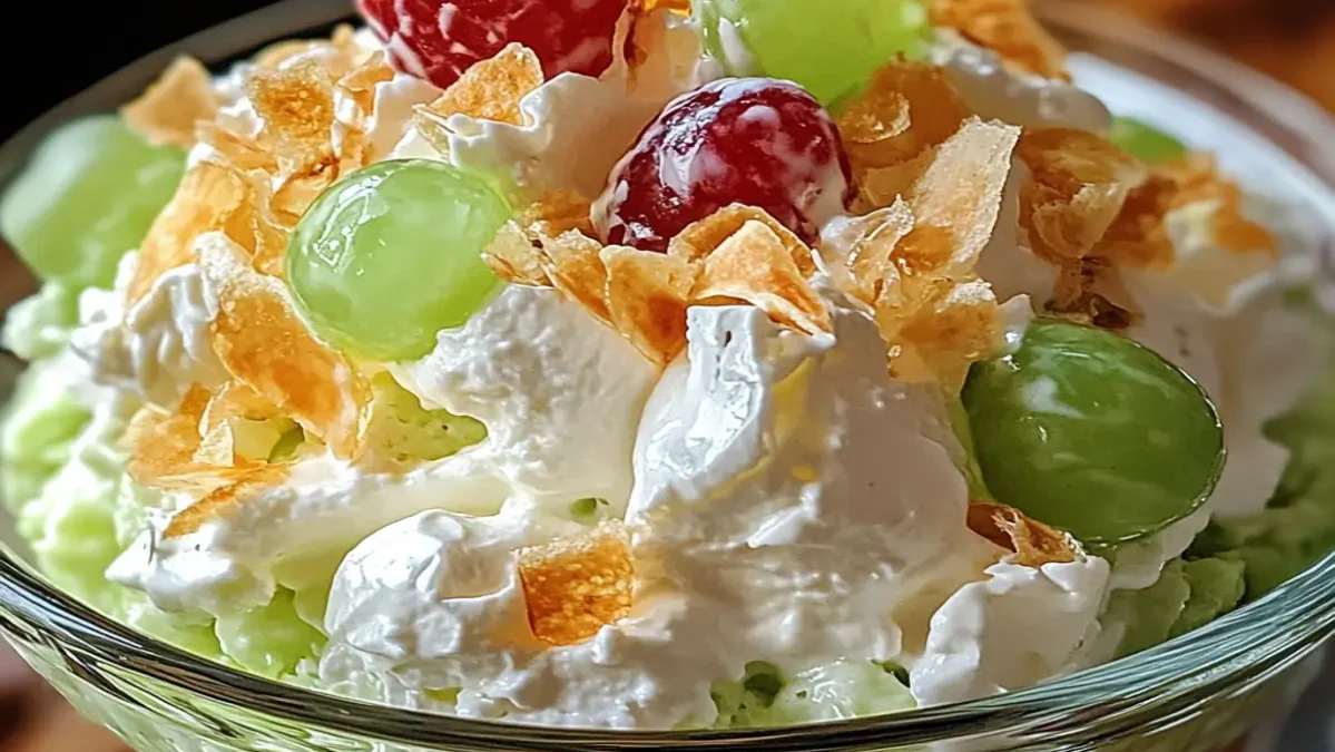 A bowl of Watergate Salad with a creamy green texture, topped with chopped pecans and garnished with maraschino cherries