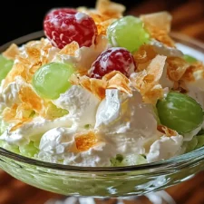 A bowl of Watergate Salad with a creamy green texture, topped with chopped pecans and garnished with maraschino cherries