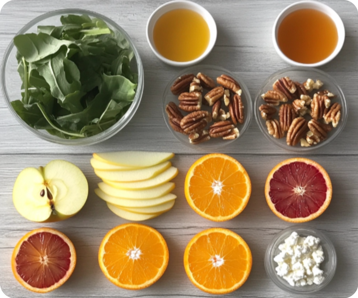 A colorful Thanksgiving salad featuring sliced apples, juicy orange segments, mixed greens, toasted nuts, and crumbled cheese, drizzled with honey-orange vinaigrette.