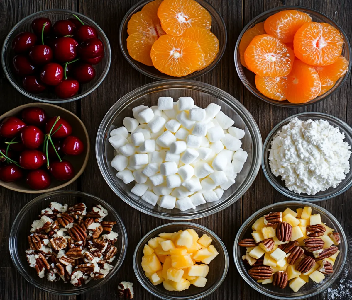 A top-down view of fresh ingredients for Holiday Ambrosia Salad, including mandarin oranges, pineapple chunks, maraschino cherries, mini marshmallows, shredded coconut, pecans, and a creamy dressing, neatly arranged on a wooden table.