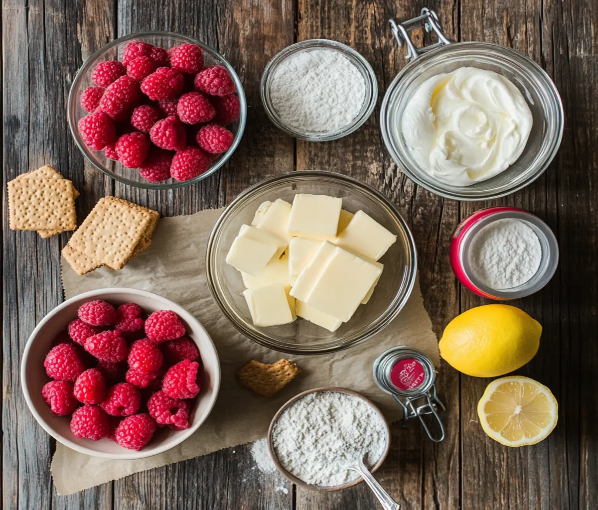 A beautifully arranged flat-lay of fresh ingredients for a No-Bake Raspberry Split Cake, including raspberries, crushed graham crackers, cream cheese, heavy cream, butter, powdered sugar, vanilla extract, lemon, and cornstarch on a rustic wooden counter.